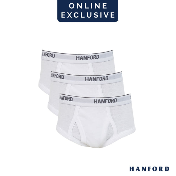 Hanford Kids/Teens Premium Ribbed Cotton Hipster Briefs W/ Fly Opening Finn W200 - White (3in1 Pack)