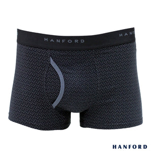 Hanford Men Cotton w/ Spandex Boxer Briefs w/ Fly Opening w/ Print Brake - Black (Single Pack)