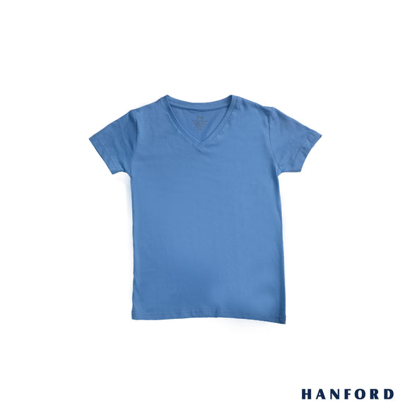 Hanford Kids/Teens 100% Cotton V-Neck Short Sleeves Shirt - New Blue (Single Pack)