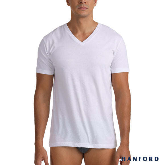 Hanford Men V-Neck Cotton Modern Fit Short Sleeves Shirt - White (Single Pack)