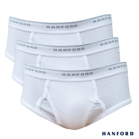 Hanford Men Premium Cotton Classic Briefs w/ Fly Opening Double Padded Back - White (3in1 Pack)