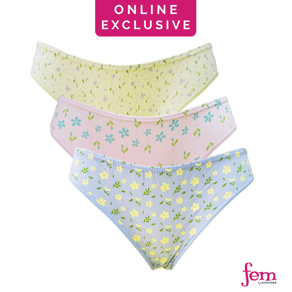 Fem by Hanford Ladies Women Teens Comfy Cotton Bikini Panty Flora - Floral Prints (3in1 Pack)